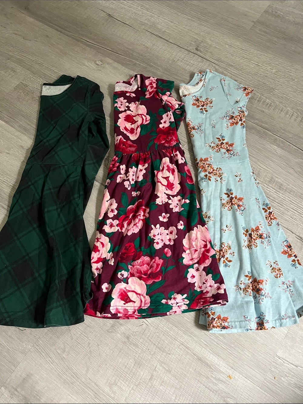 Three Girls' Floral & Plaid Dresses - Green, Burgundy Floral, Light Blue Floral